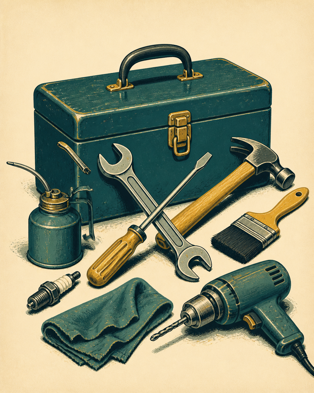 Vintage toolbox surrounded by auto care and handyman tools